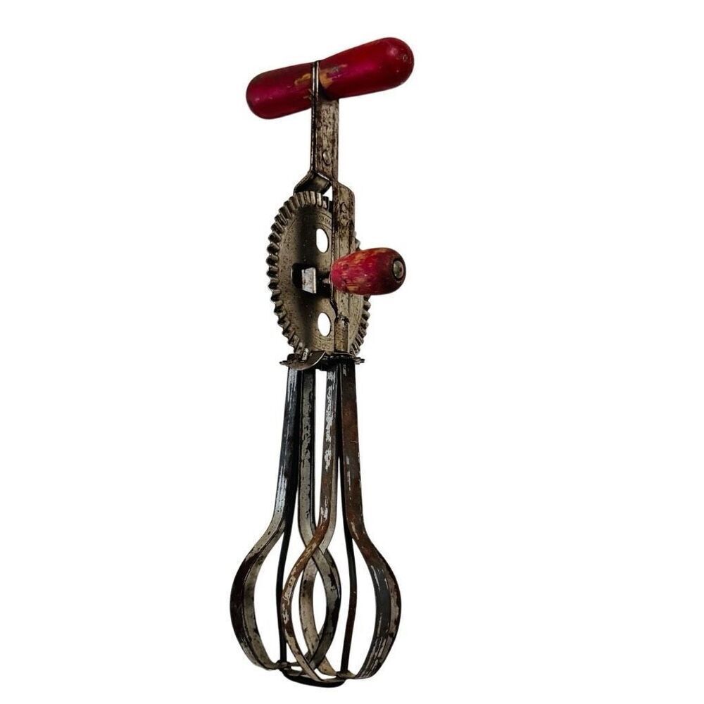 High Speed Super Center Egg Beater Vintage Hand Crank MixerRed Wood Handle USA